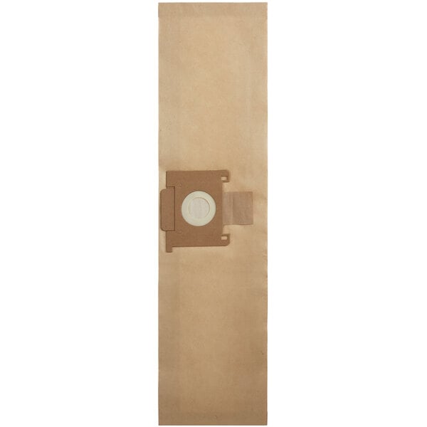 A brown paper bag with a white circle with a hole in it.
