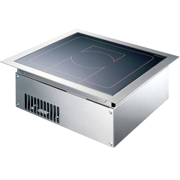 A rectangular stainless steel box with a black induction cooktop.