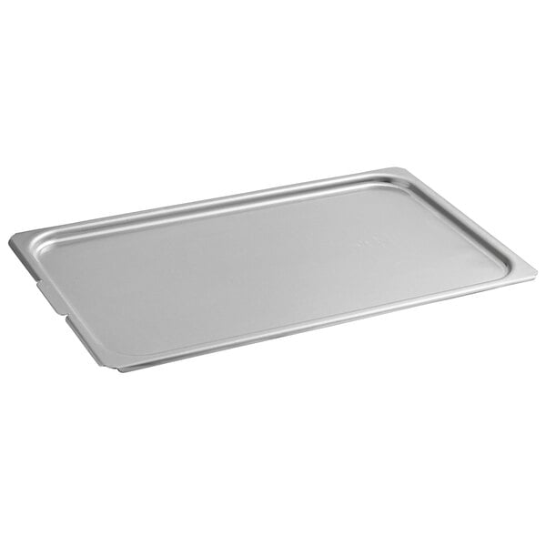A Vollrath aluminum steam table pan cover on a stainless steel tray.