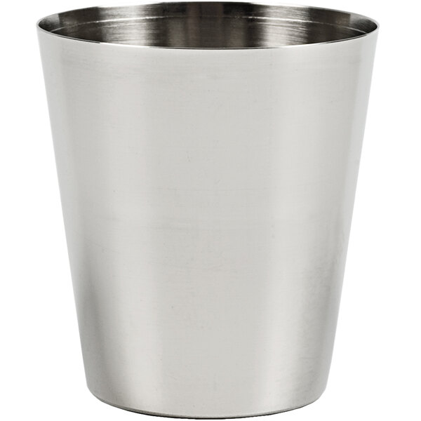 A stainless steel Franmara shot glass on a white background.