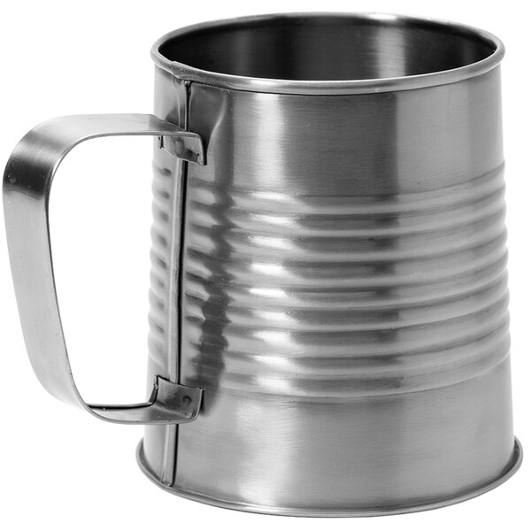 A silver stainless steel mug with a handle.