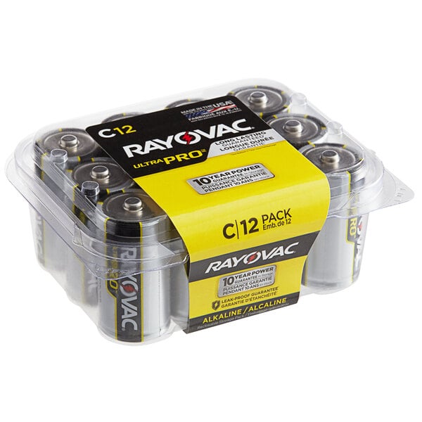 A pack of Rayovac C12 batteries in a plastic container.