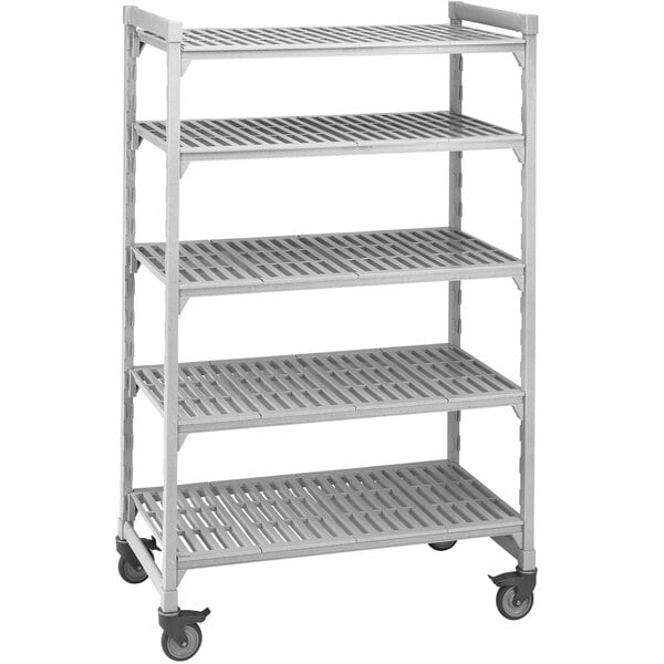 A grey Cambro Camshelving® Premium mobile shelving unit with wheels.