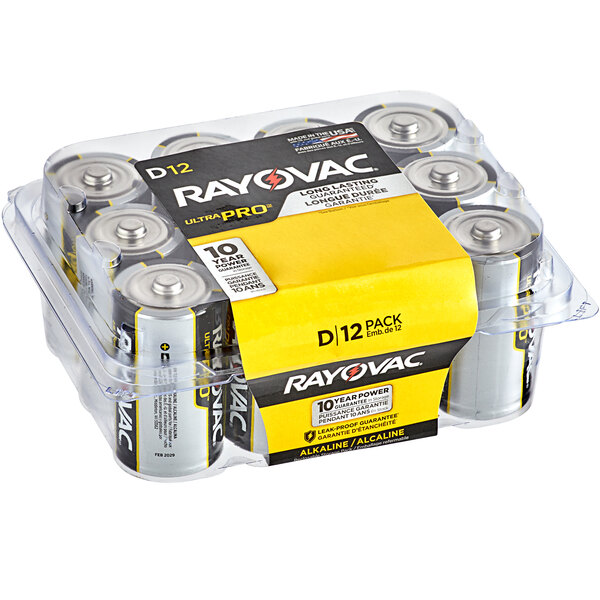 A Rayovac 12 pack of D batteries in plastic packaging.