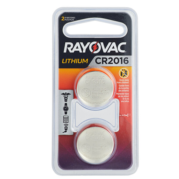 A Rayovac 3V CR2016 lithium coin button battery pack.