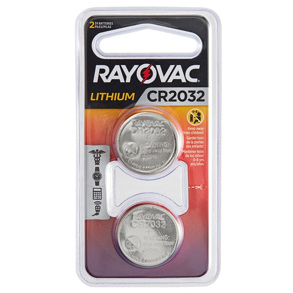 Two Rayovac CR2032 lithium coin cell batteries.
