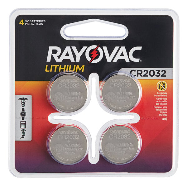 A Rayovac 4 pack of lithium CR2032 coin cell batteries.