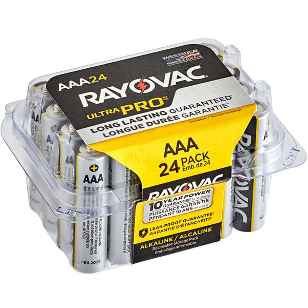 A pack of Rayovac AAA batteries in a plastic container.