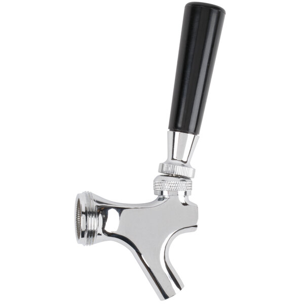 A chrome beer faucet with a black handle.