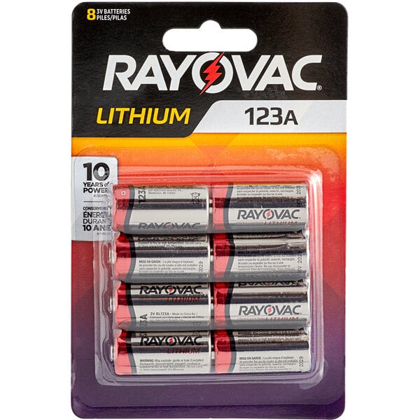 A package of Rayovac 123A lithium photo batteries.