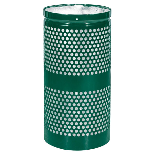An Ex-Cell Kaiser landscape series 10 gallon round hunter green gloss perforated waste receptacle.