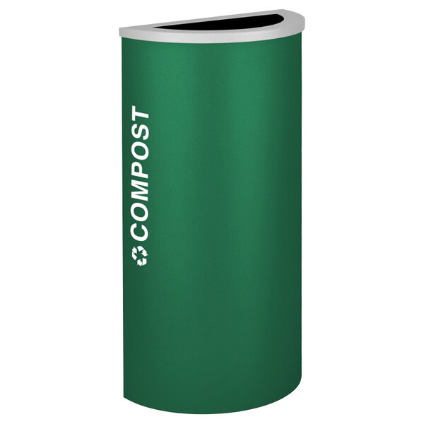 A green half round recycling bin with white text that says "Compost" on it.