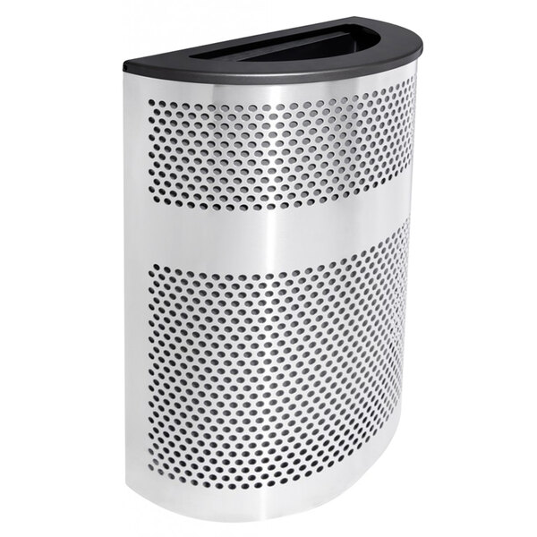 A silver stainless steel half round waste receptacle with black textured lid and holes.