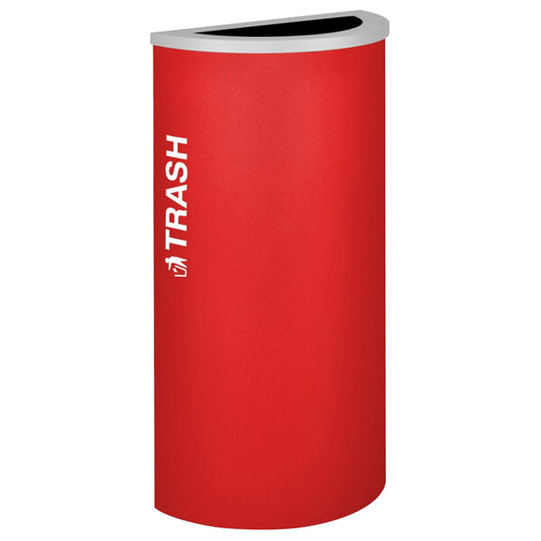 A red half round trash receptacle with white text reading "Ruby Texture"