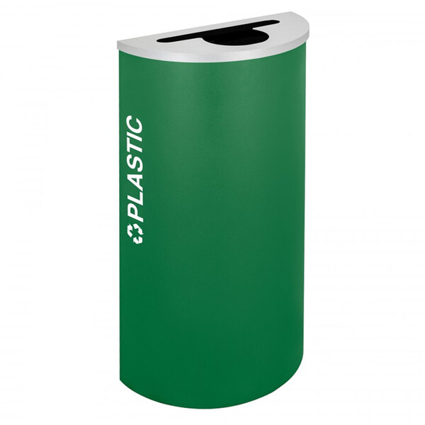 A green recycling bin with white text that says "plastic" and "recycle" on it.