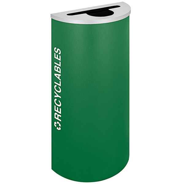A green Ex-Cell Kaiser recycle bin with white text that says "Recyclables" on it.