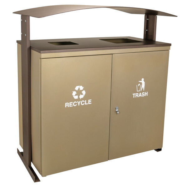 An Ex-Cell Kaiser rectangular brown metal two-stream outdoor trash can with a brown lid.