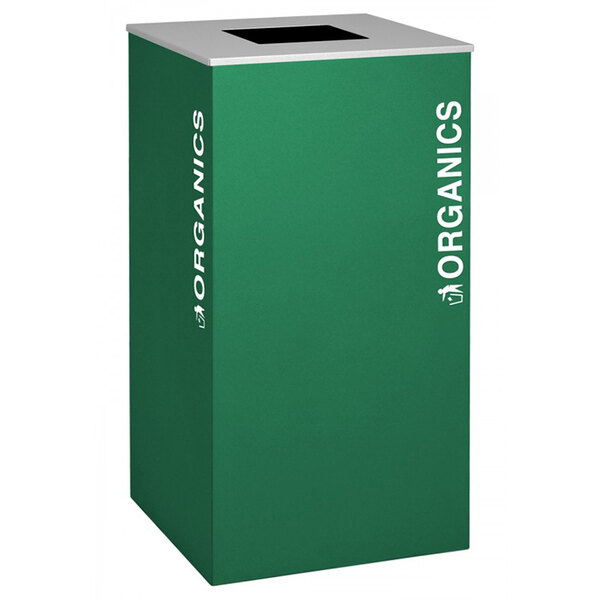 A green rectangular Ex-Cell Kaiser recycling container with the word "Organics" in white.