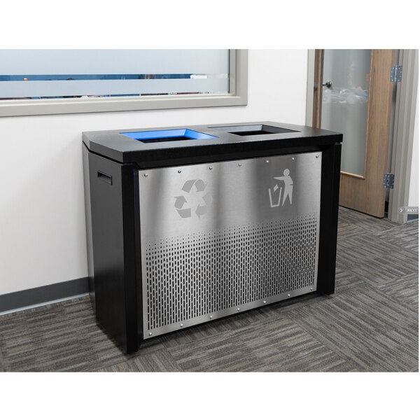 An Ex-Cell Kaiser black and silver rectangular indoor recycling bin with two streams.