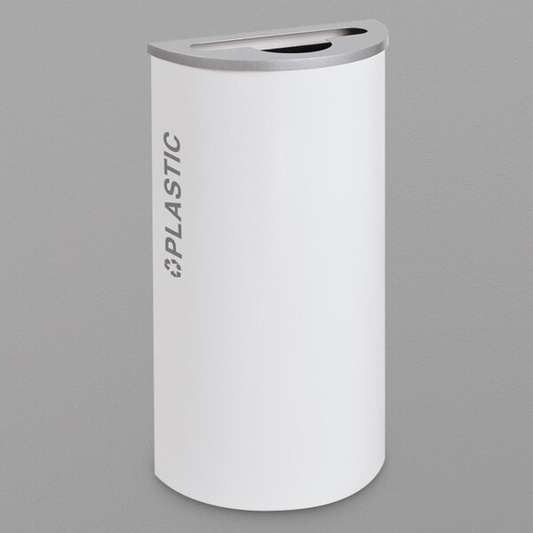 A white half round plastic receptacle with a grey lid.