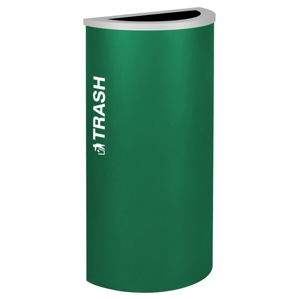 A green half round trash receptacle with white text that says "Recycle" and "Hart"