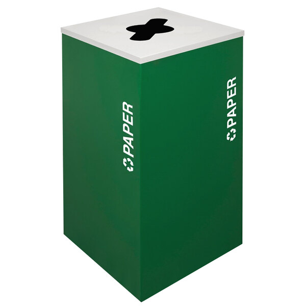 A green square recycling bin with white text and a black cross.