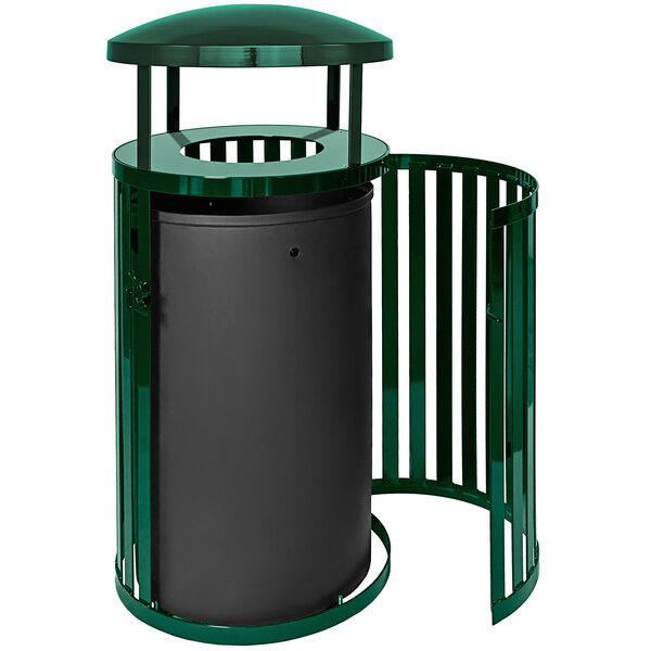 A green and black Ex-Cell Kaiser Streetscape outdoor trash can with a canopy and door.