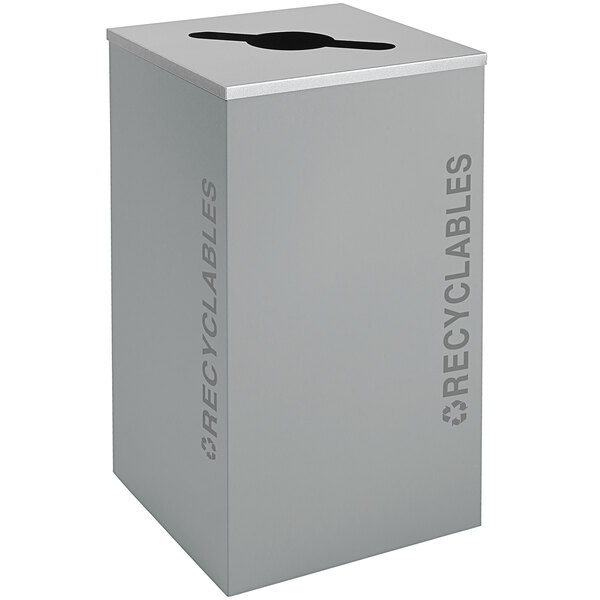 A hammered grey square Ex-Cell Kaiser recycling receptacle with the word "Recycle" on it.
