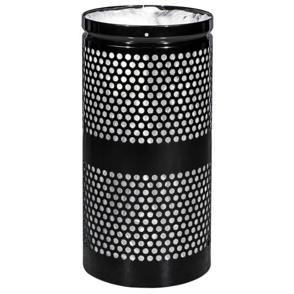 A close-up of a black Ex-Cell Kaiser round perforated waste receptacle.