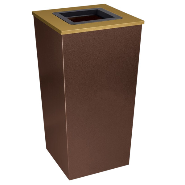 A brown rectangular Ex-Cell Kaiser Metro trash receptacle with a square gold lid.