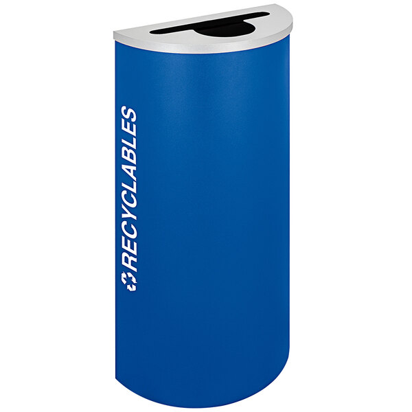 An Ex-Cell Kaiser royal blue recycle bin with white text that says "Recyclables" on it.