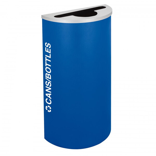 A royal blue half-round recycling receptacle with white text reading "Cans / Bottles" on it.