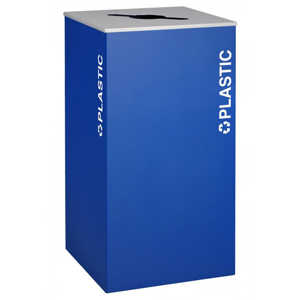 A blue rectangular plastic recycling bin with white text reading "Plastic" on it.