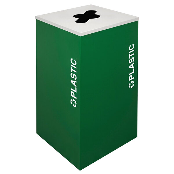 An Ex-Cell Kaiser green square recycling bin with white text that says "Plastic"