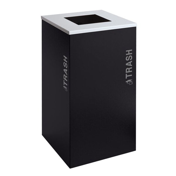 A black rectangular trash receptacle with a black and white lid with silver text.