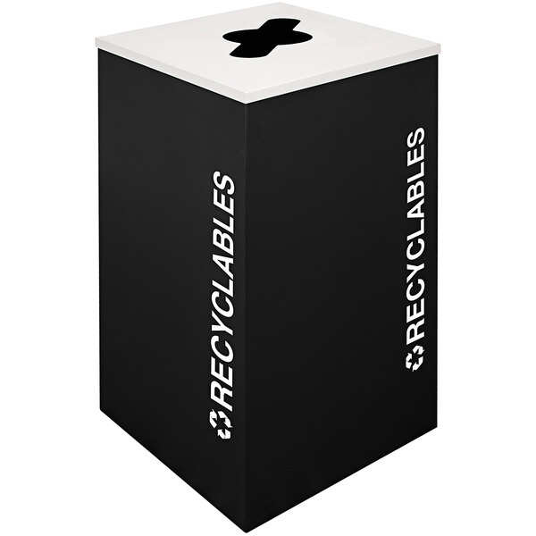 A black square receptacle with white text reading "Recyclables" on it.