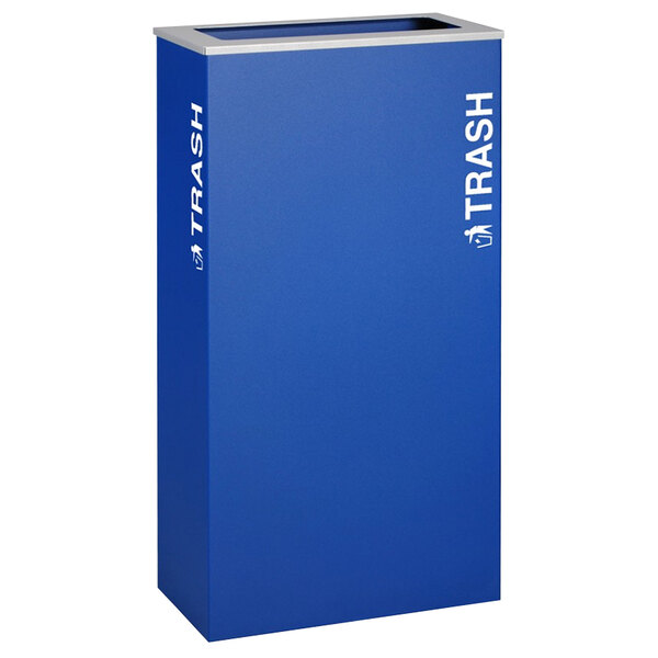 A blue rectangular trash receptacle with white text reading "Trash" on the side.