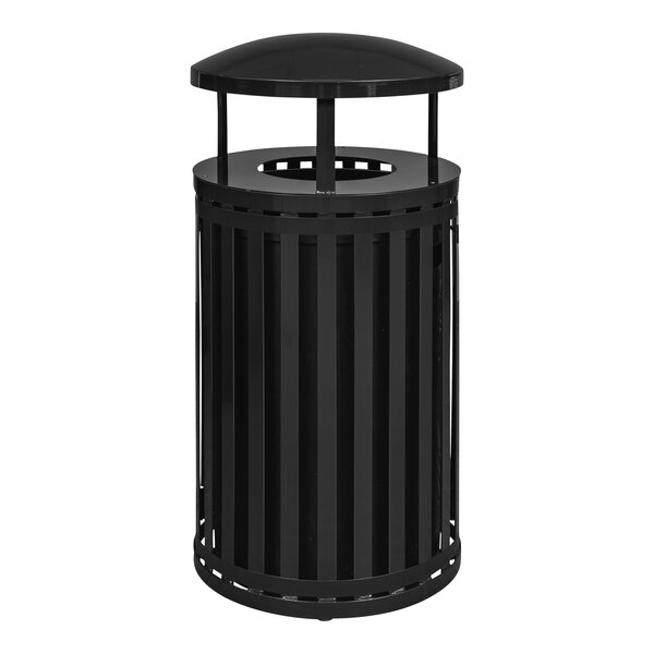 A black Ex-Cell Kaiser Streetscape outdoor trash can with a lid.