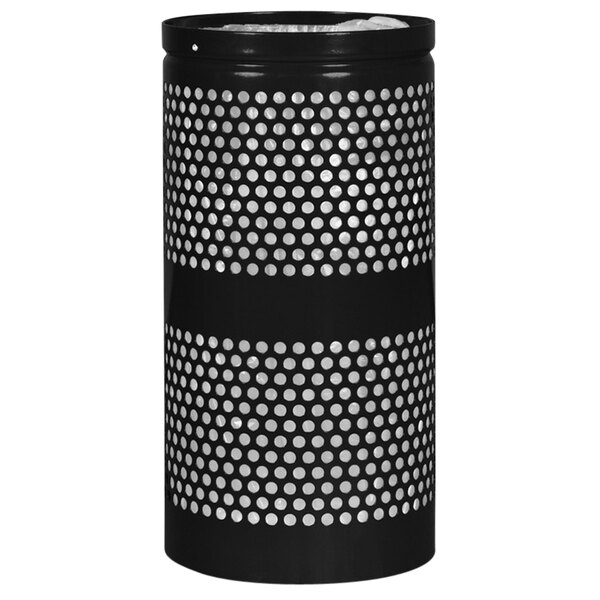 A black Ex-Cell Kaiser Landscape Series round perforated trash receptacle.