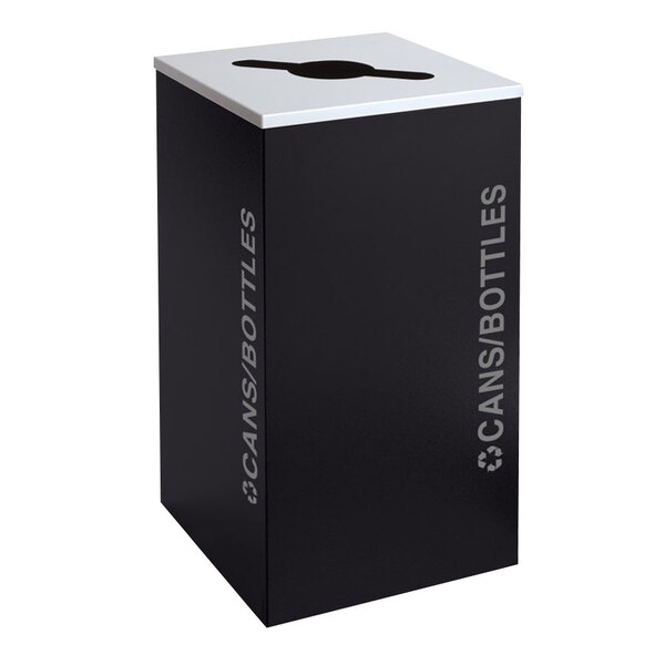 A black square recycling bin with a white and black lid with white text reading "Black Tie Kaleidoscope" on the side.