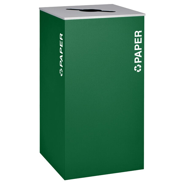 A green rectangular recycling bin with a white text on it.