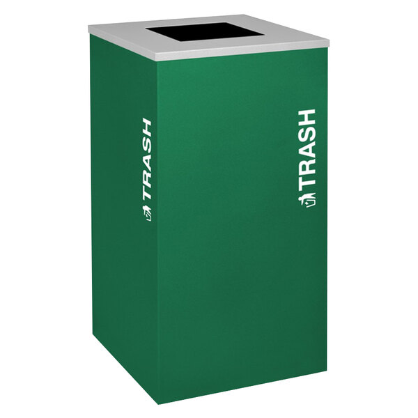 A green square trash receptacle with white text that says "Kaleidoscope" and "Emerald" on it.