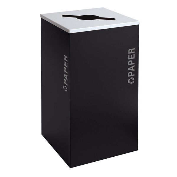 A black rectangular recycling bin with a white lid and white text.
