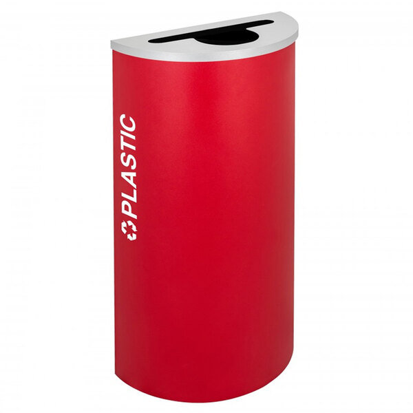 A red rectangular Ex-Cell Kaiser recycling bin with white text reading "plastic" on it.