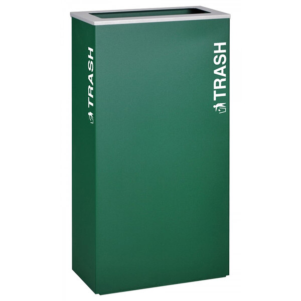 A green rectangular Ex-Cell Kaiser trash receptacle with white text that reads "trash"