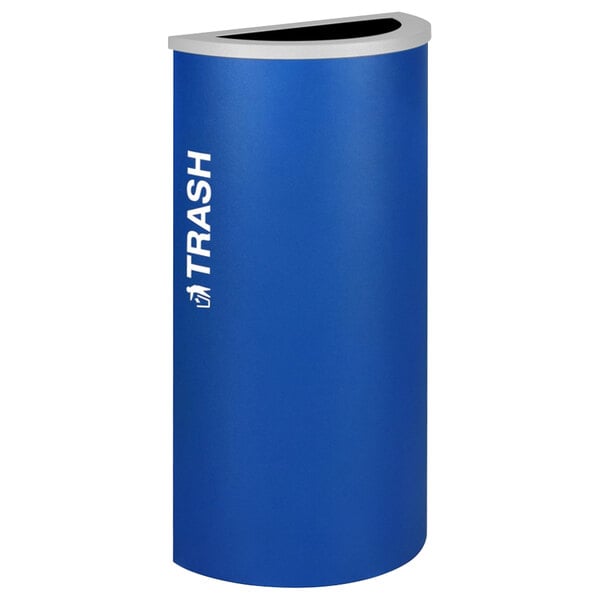 A royal blue half round trash receptacle with white text reading "Recycle"