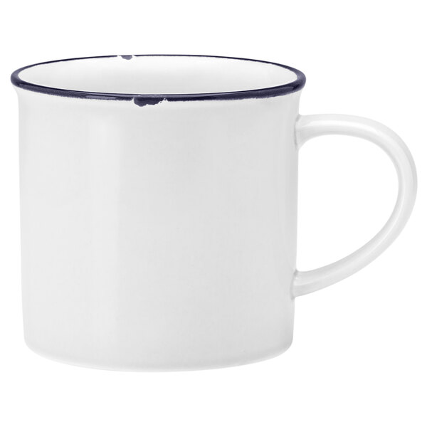 A white Luzerne porcelain mug with a blue rim and handle.