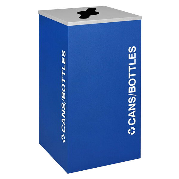 A royal blue square recycling bin with white text reading "cans / bottles" on it.