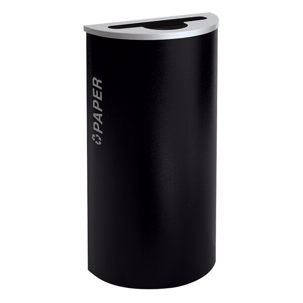 A black half round recycling bin with a silver lid.
