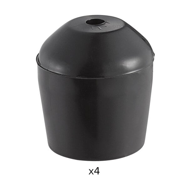 A black plastic container of 4 black leg glides for Lancaster Table & Seating folding chairs with a hole in the lid.